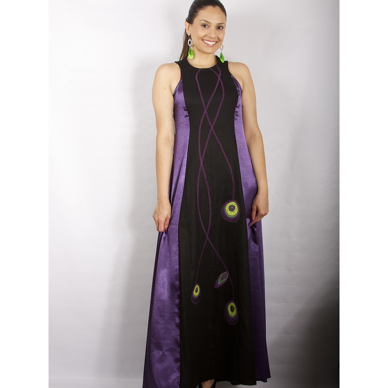 Vestido Largo Bicolor con Centro de Lino negro MORADO