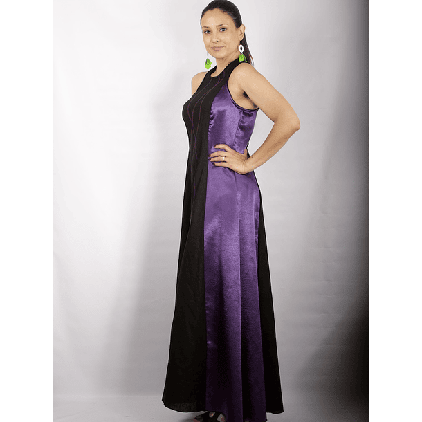 Vestido Largo Bicolor con Centro de Lino negro MORADO 5