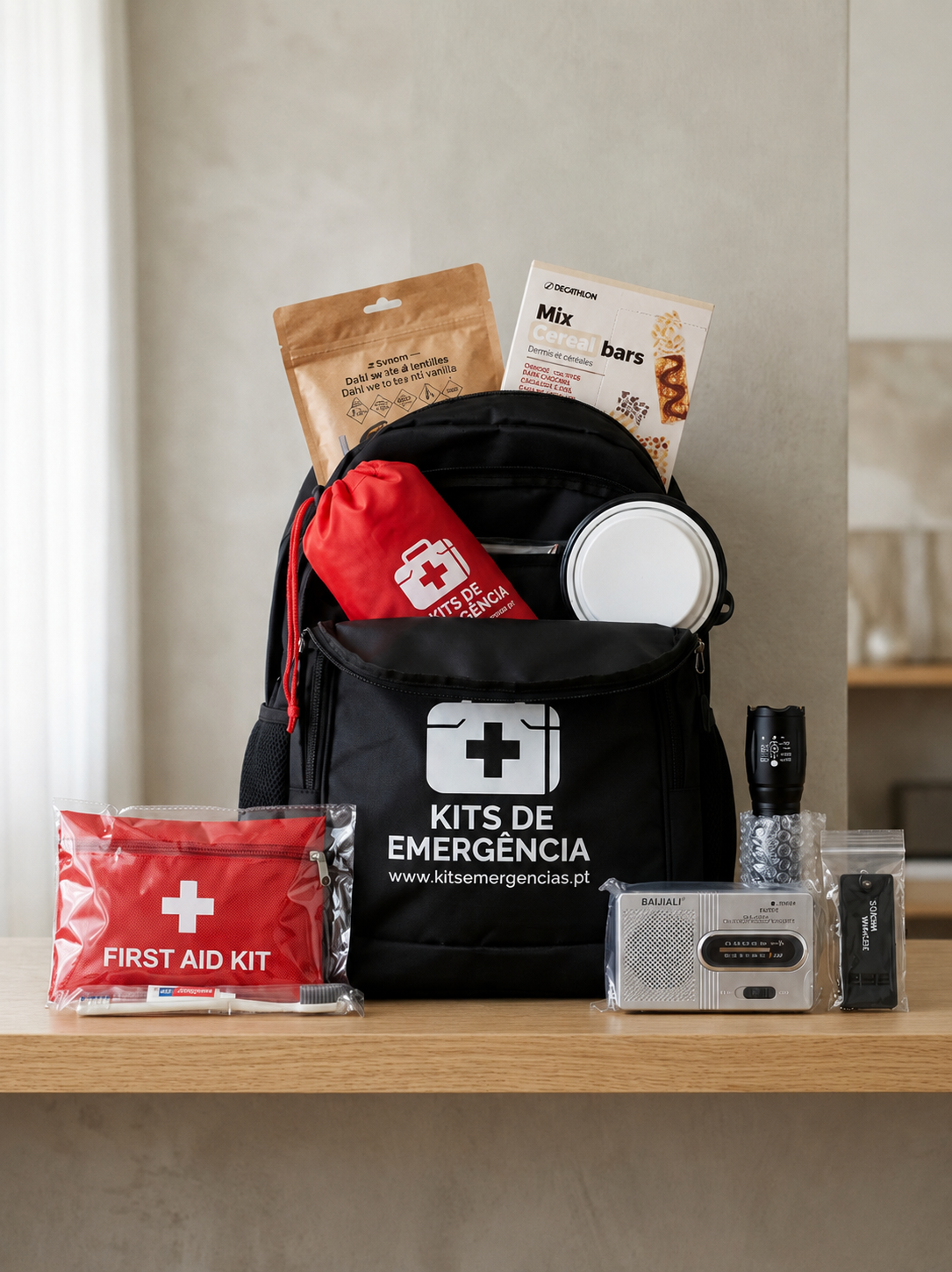 Mochila de Evacuação 72 Horas com o conteúdo organizado