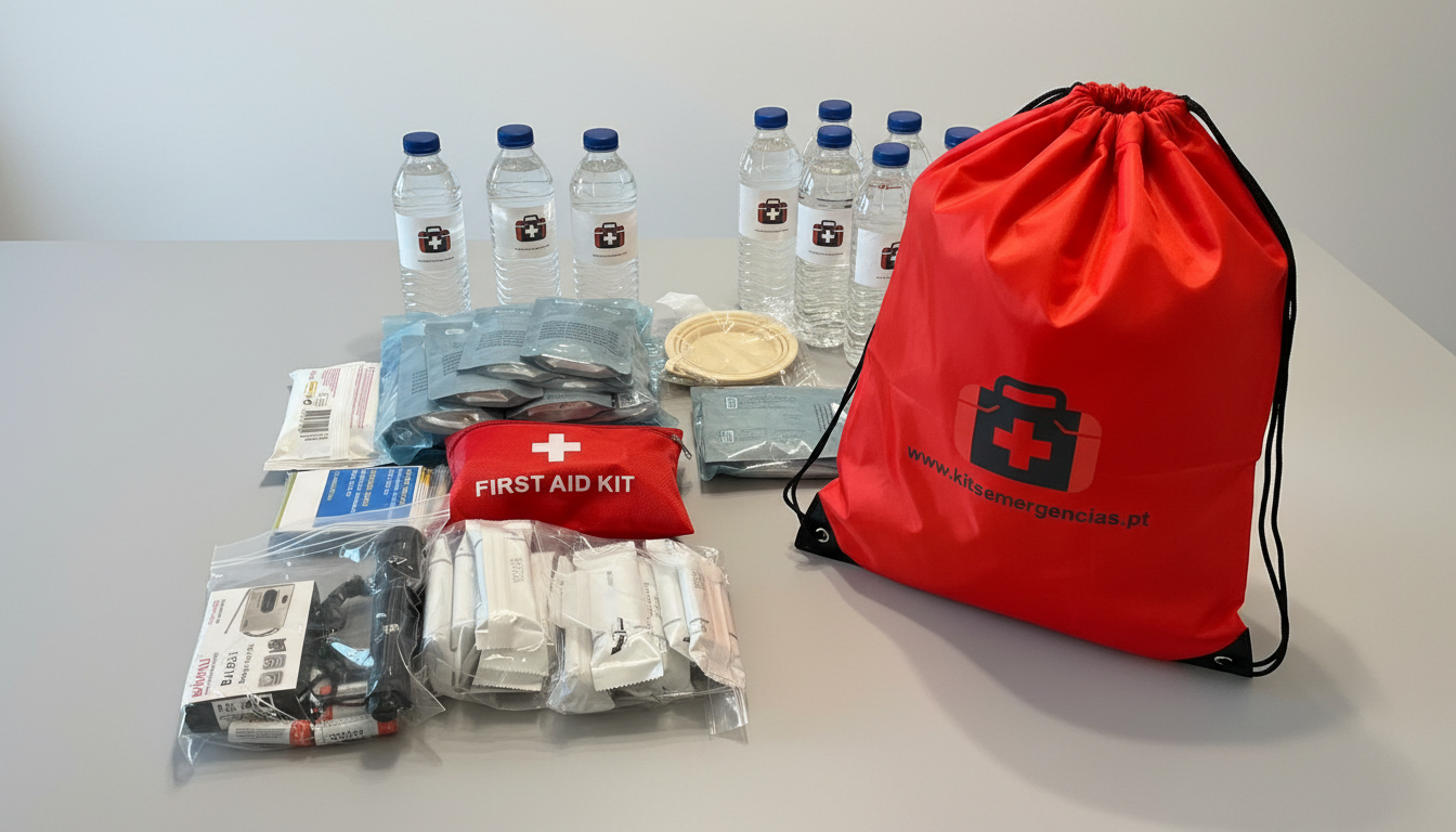 Conteúdo do kit de emergência com luz, água e primeiros cuidados