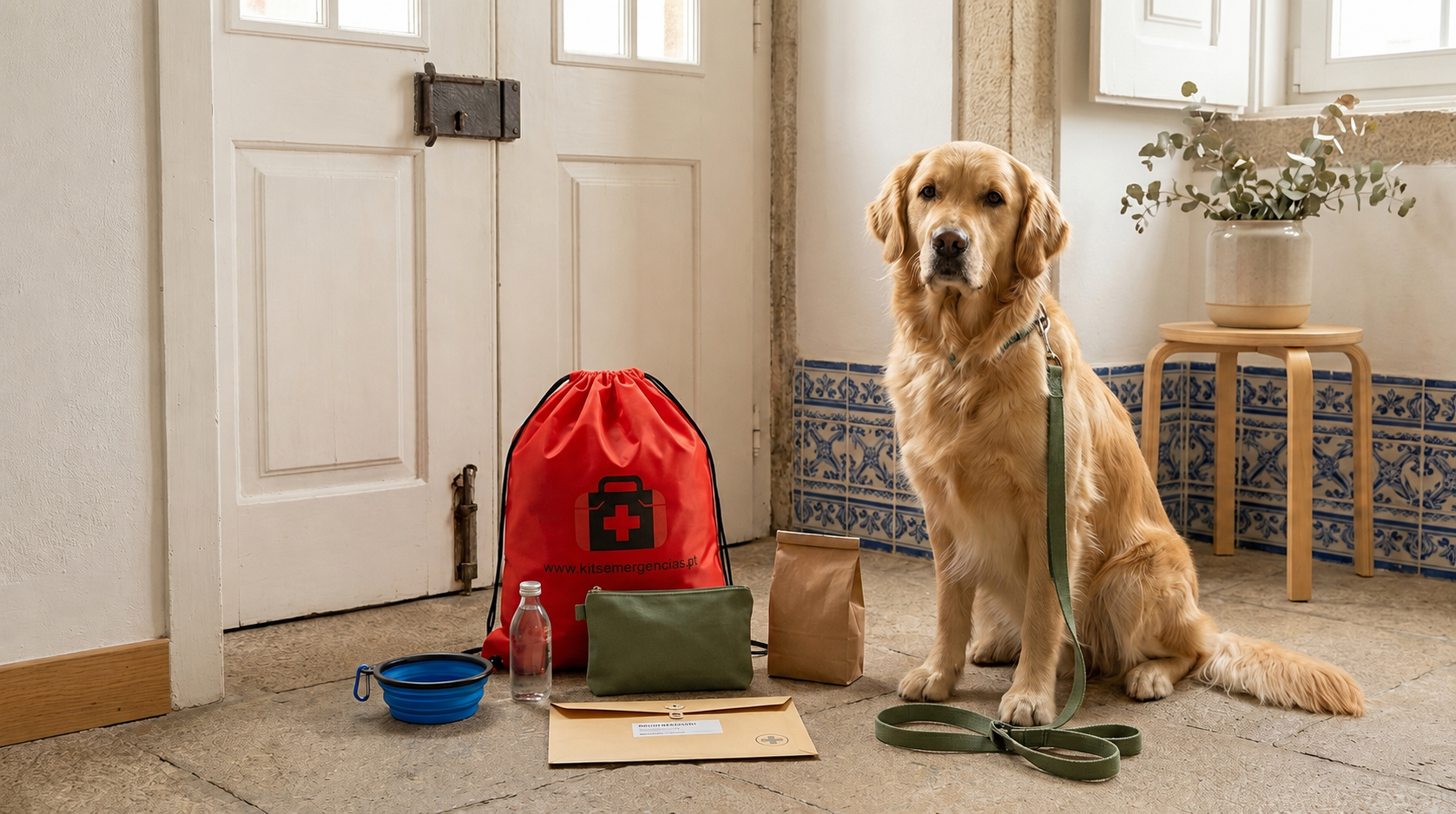 Kit de emergência para cães com bolsa, documentos, água e acessórios essenciais junto a um cão
