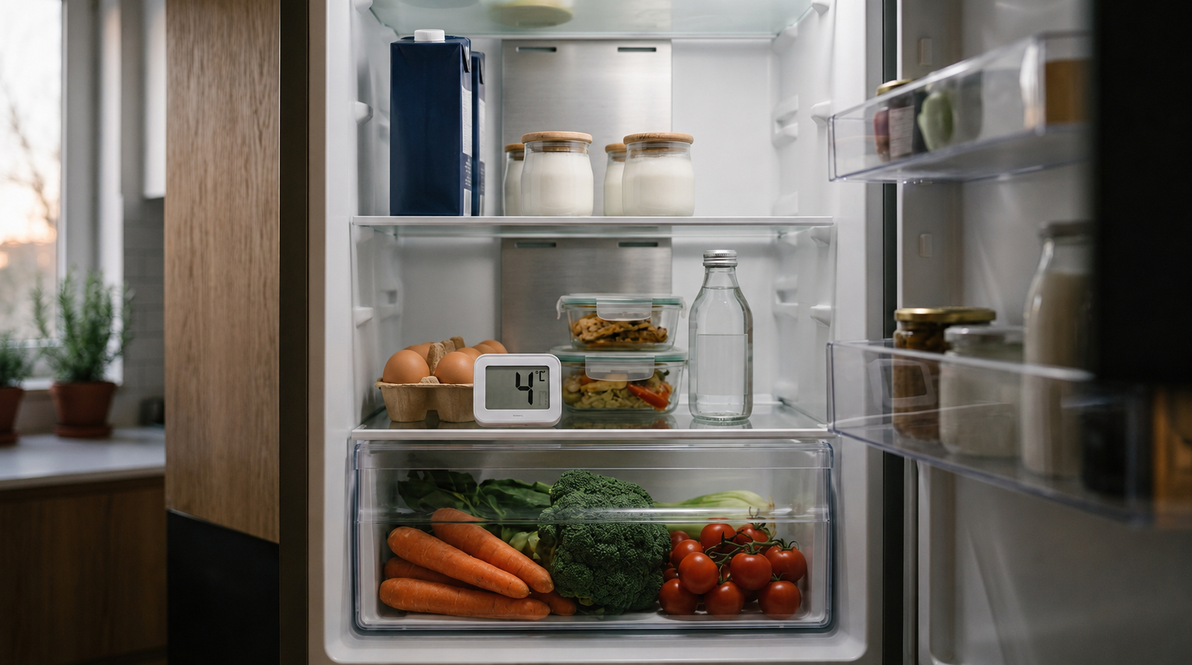 Termómetro no interior de um frigorífico com alimentos refrigerados