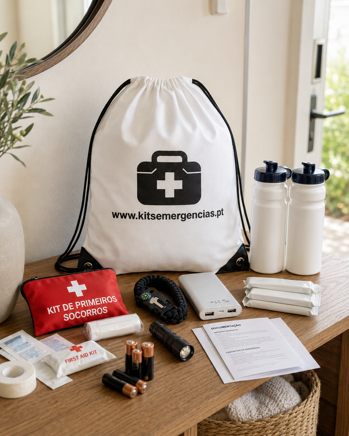 Kit Básico de Emergência para duas pessoas com artigos organizados