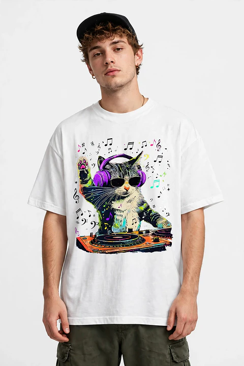 Gato DJ PNG | Diseño Colorido para Estampar Poleras y Polerones