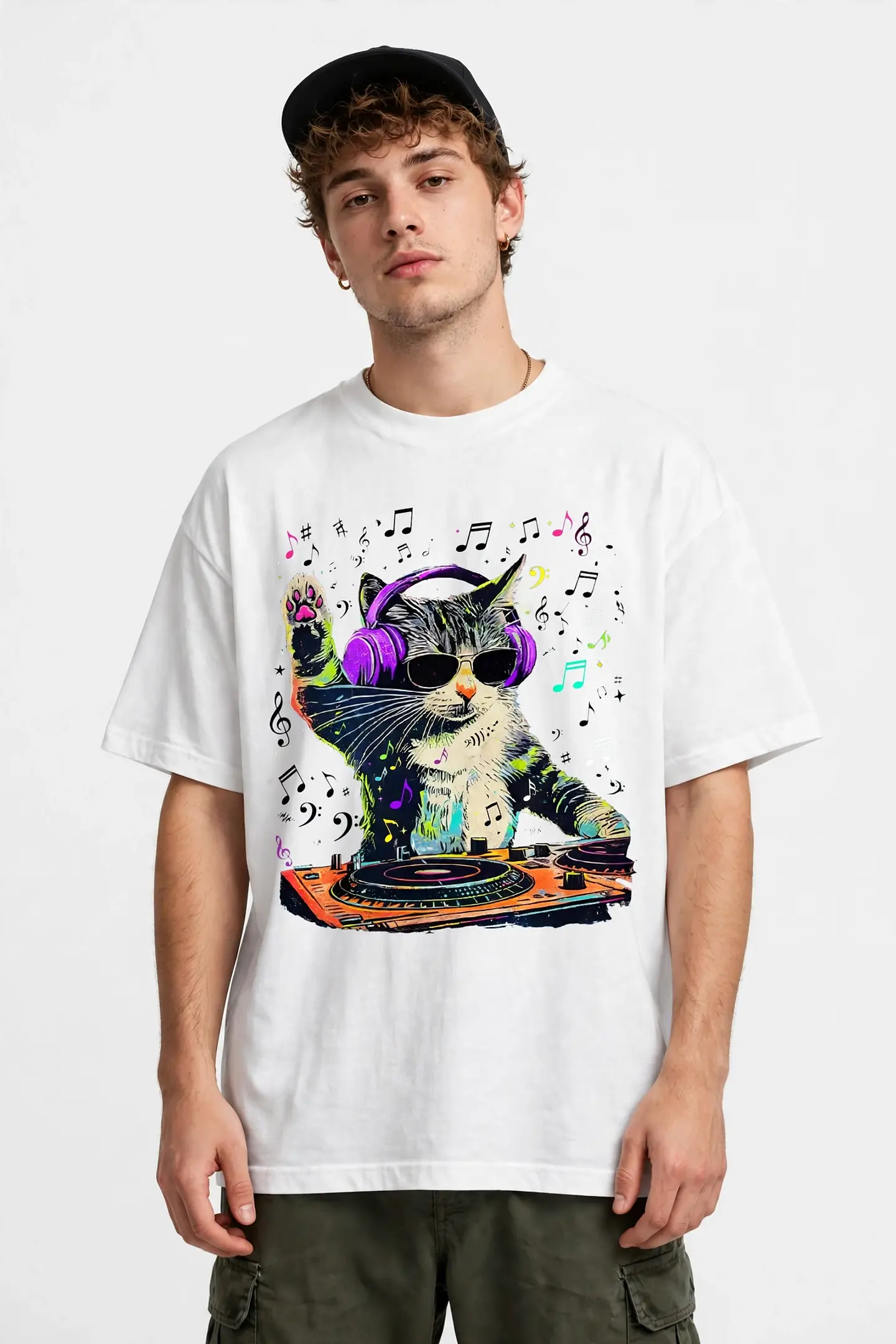 Gato DJ PNG | Diseño Colorido para Estampar Poleras y Polerones 1