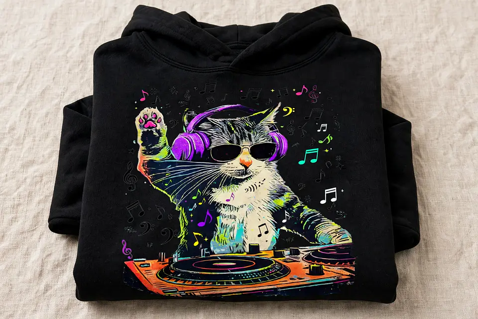 Gato DJ PNG | Diseño Colorido para Estampar Poleras y Polerones 3