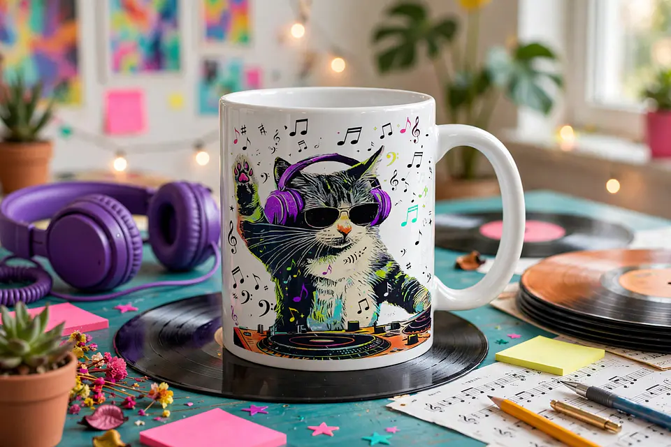 Gato DJ PNG | Diseño Colorido para Estampar Poleras y Polerones 5