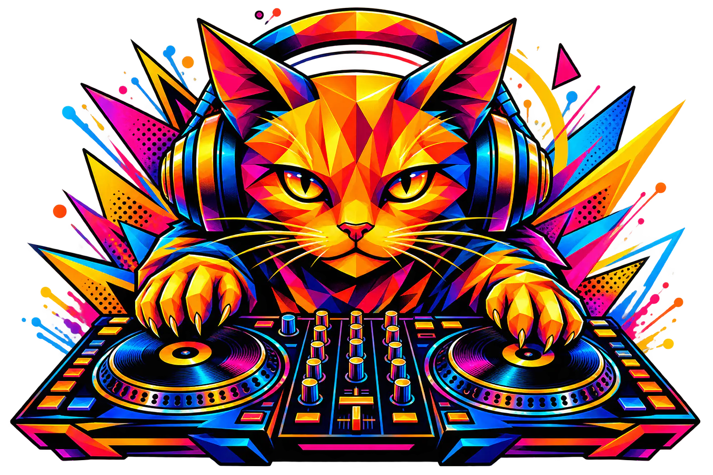 Pack Gato DJ PNG | Diseños Coloridos para Estampar Poleras, tazas, Polerones, sudaderas. 7