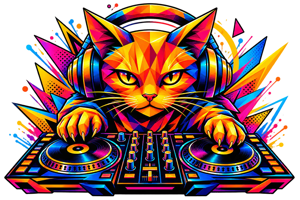 Pack Gato DJ PNG | Diseños Coloridos para Estampar Poleras, tazas, Polerones, sudaderas. 7