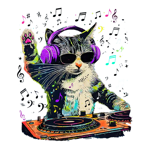 Pack Gato DJ PNG | Diseños Coloridos para Estampar Poleras, tazas, Polerones, sudaderas.