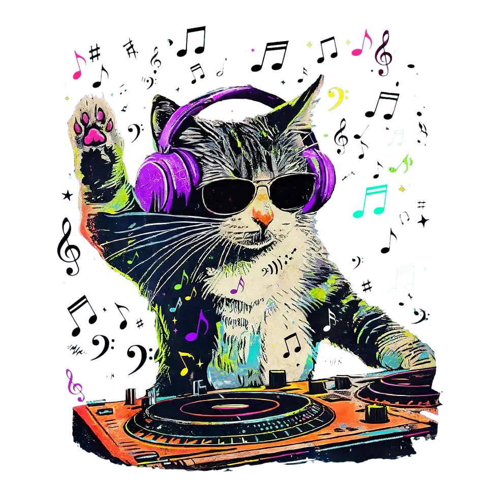 Pack Gato DJ PNG | Diseños Coloridos para Estampar Poleras, tazas, Polerones, sudaderas. 1