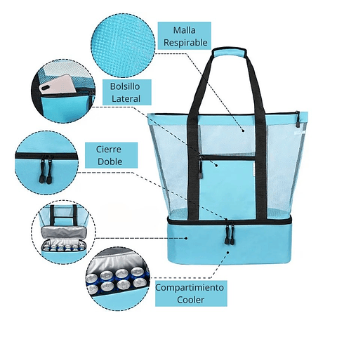 Bolso Playa Piscina Camping Malla Con Cooler Calypso 37x42