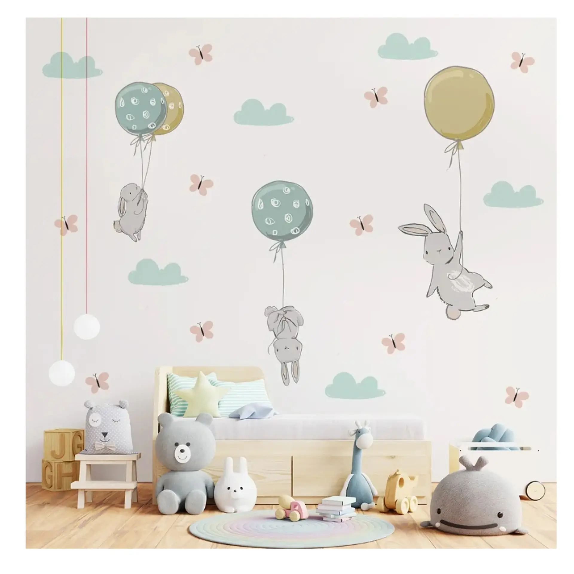 Stickers De Pared Temáticos De Conejitos Nubes y Mariposas 1