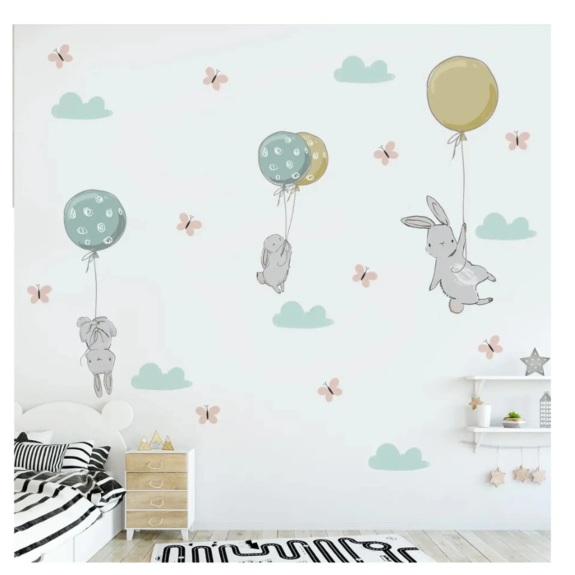 Stickers De Pared Temáticos De Conejitos Nubes y Mariposas 2