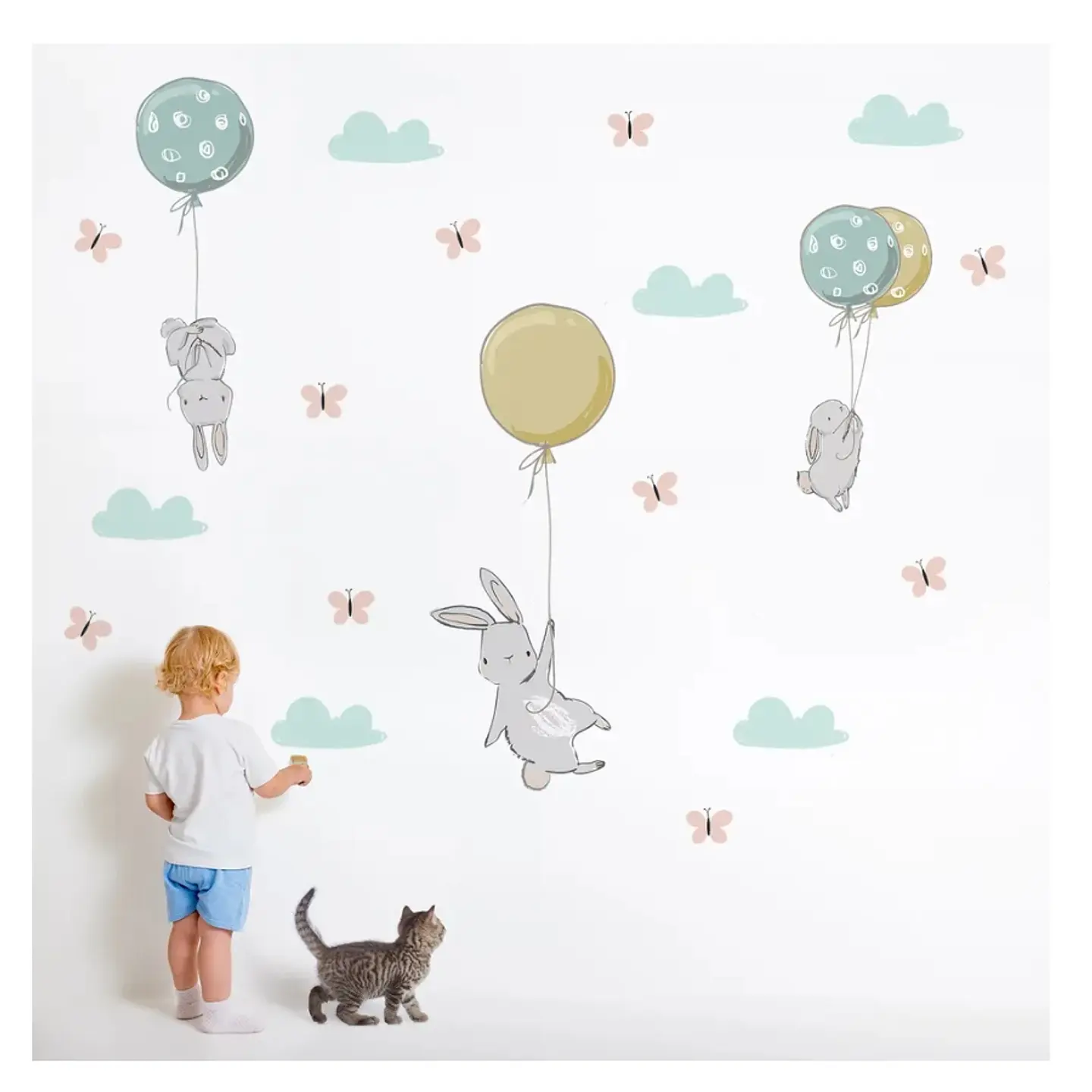 Stickers De Pared Temáticos De Conejitos Nubes y Mariposas 4