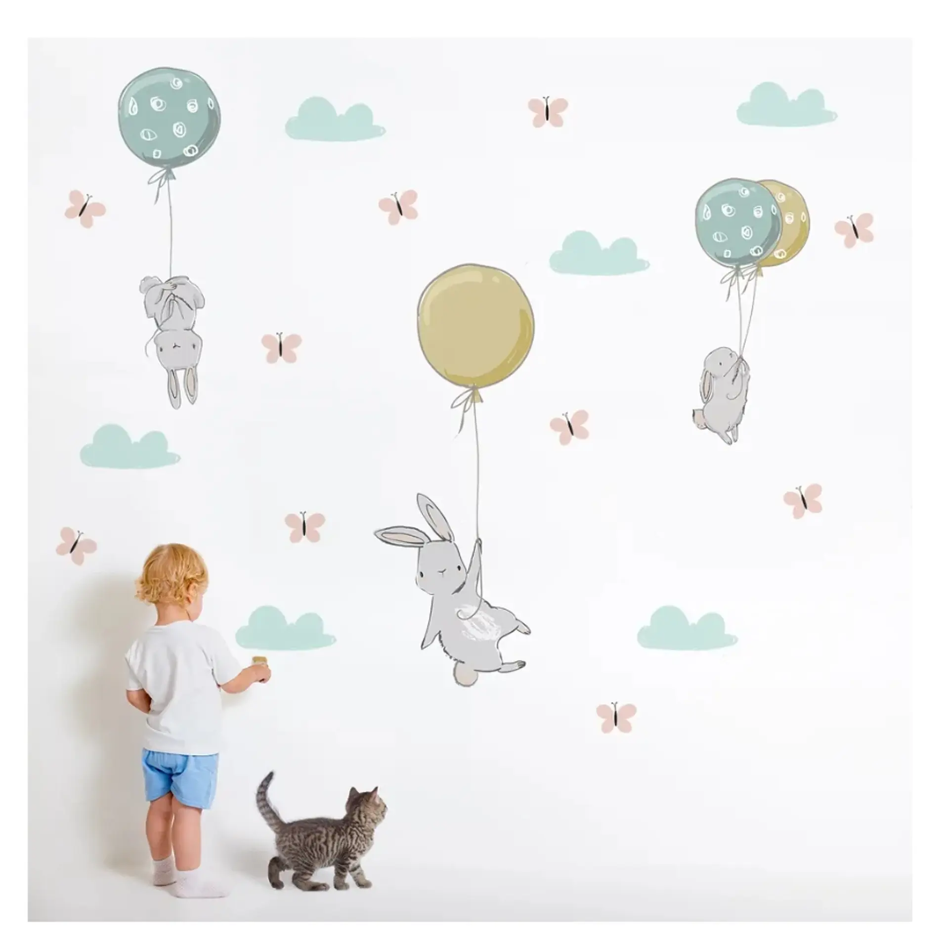 Stickers De Pared Temáticos De Conejitos Nubes y Mariposas 4