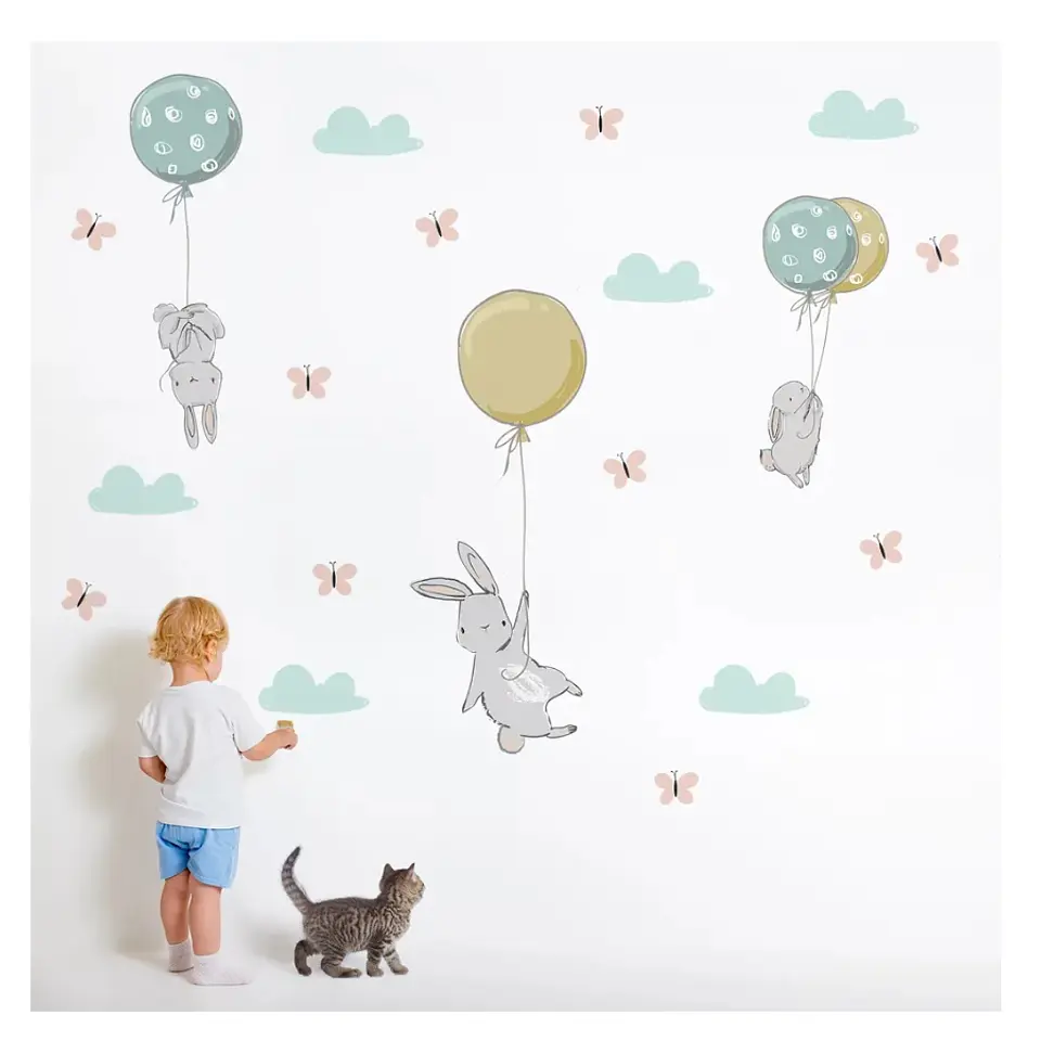 Stickers De Pared Temáticos De Conejitos Nubes y Mariposas 4