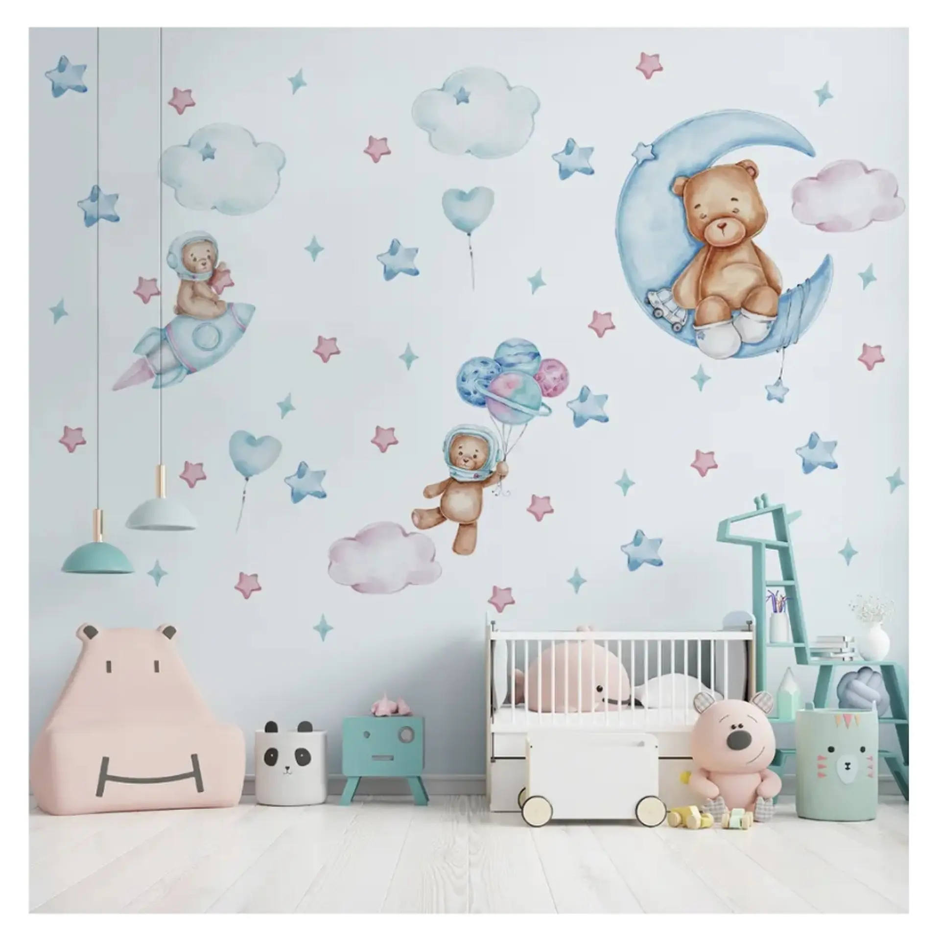 Stickers De Pared Temáticos Osito Luna Nubes y Astronautas 1