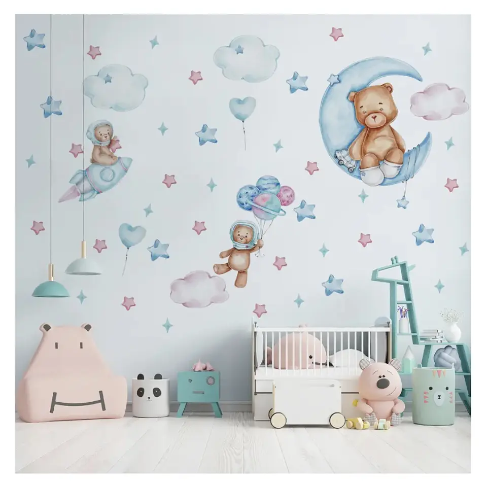 Stickers De Pared Temáticos Osito Luna Nubes y Astronautas 1