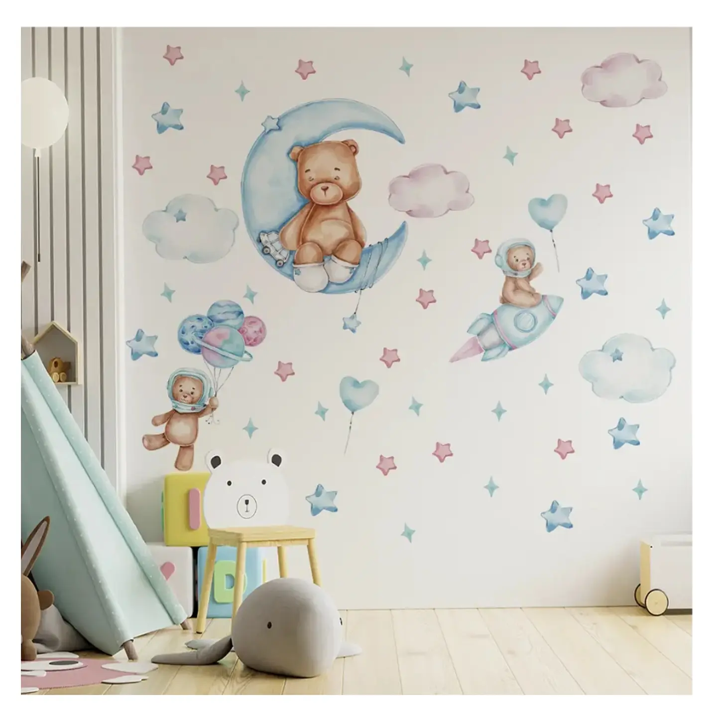 Stickers De Pared Temáticos Osito Luna Nubes y Astronautas 2