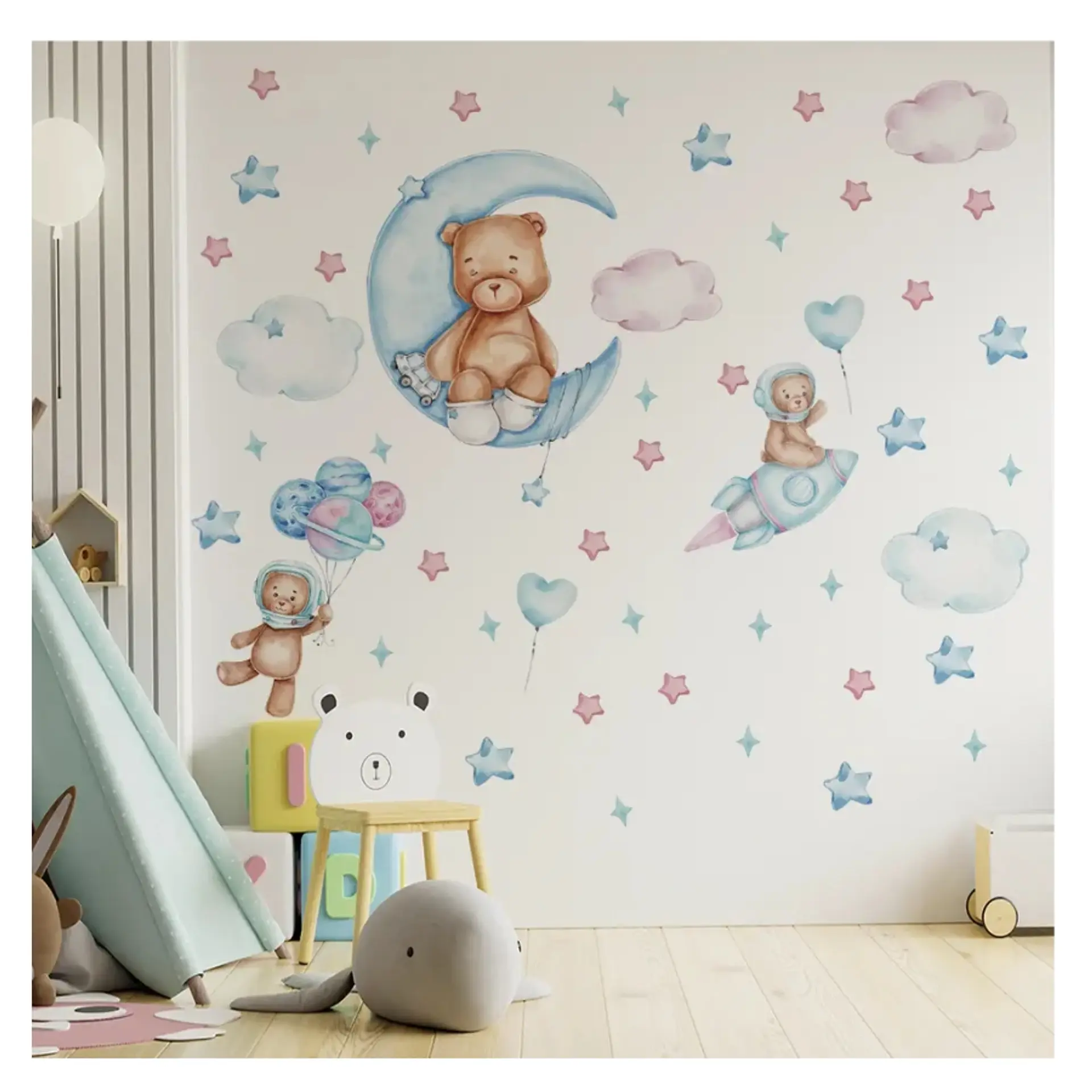 Stickers De Pared Temáticos Osito Luna Nubes y Astronautas 2
