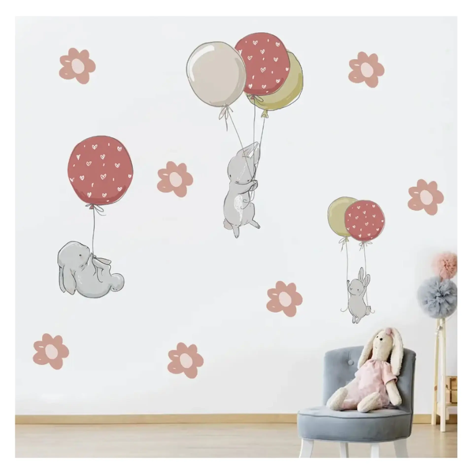 Stickers De Pared Temáticos De Elefantitos Globos y Flores 1