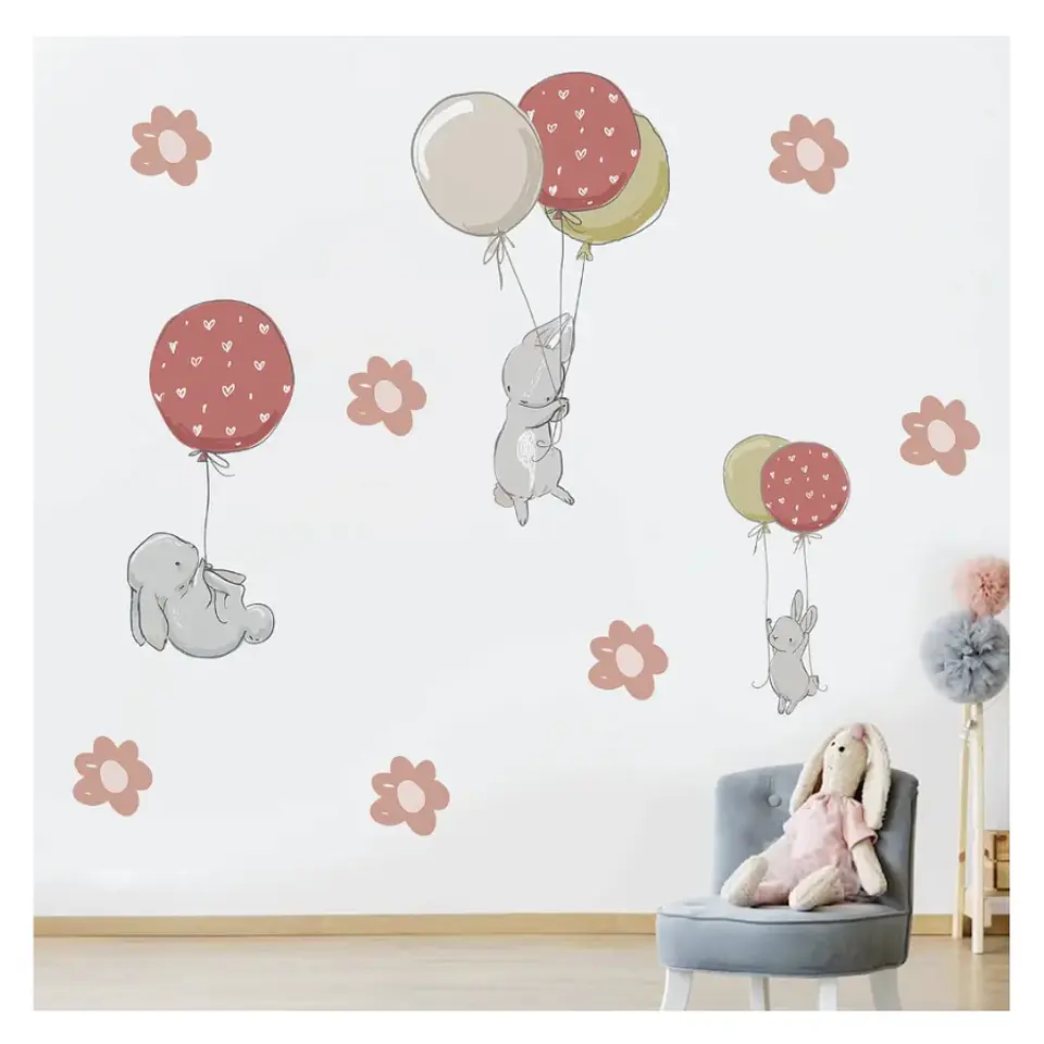 Stickers De Pared Temáticos De Elefantitos Globos y Flores 1