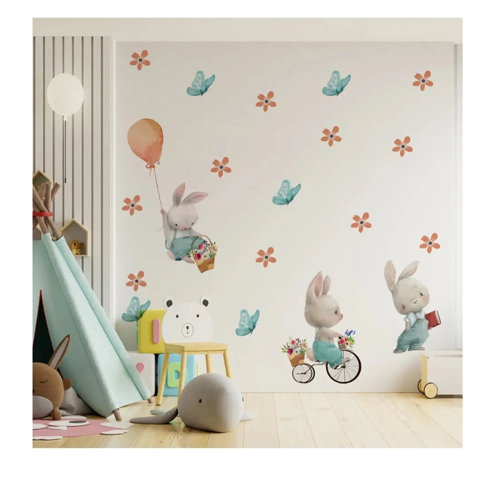 Stickers De Pared Temáticos De Conejitos Flores y Mariposas 1