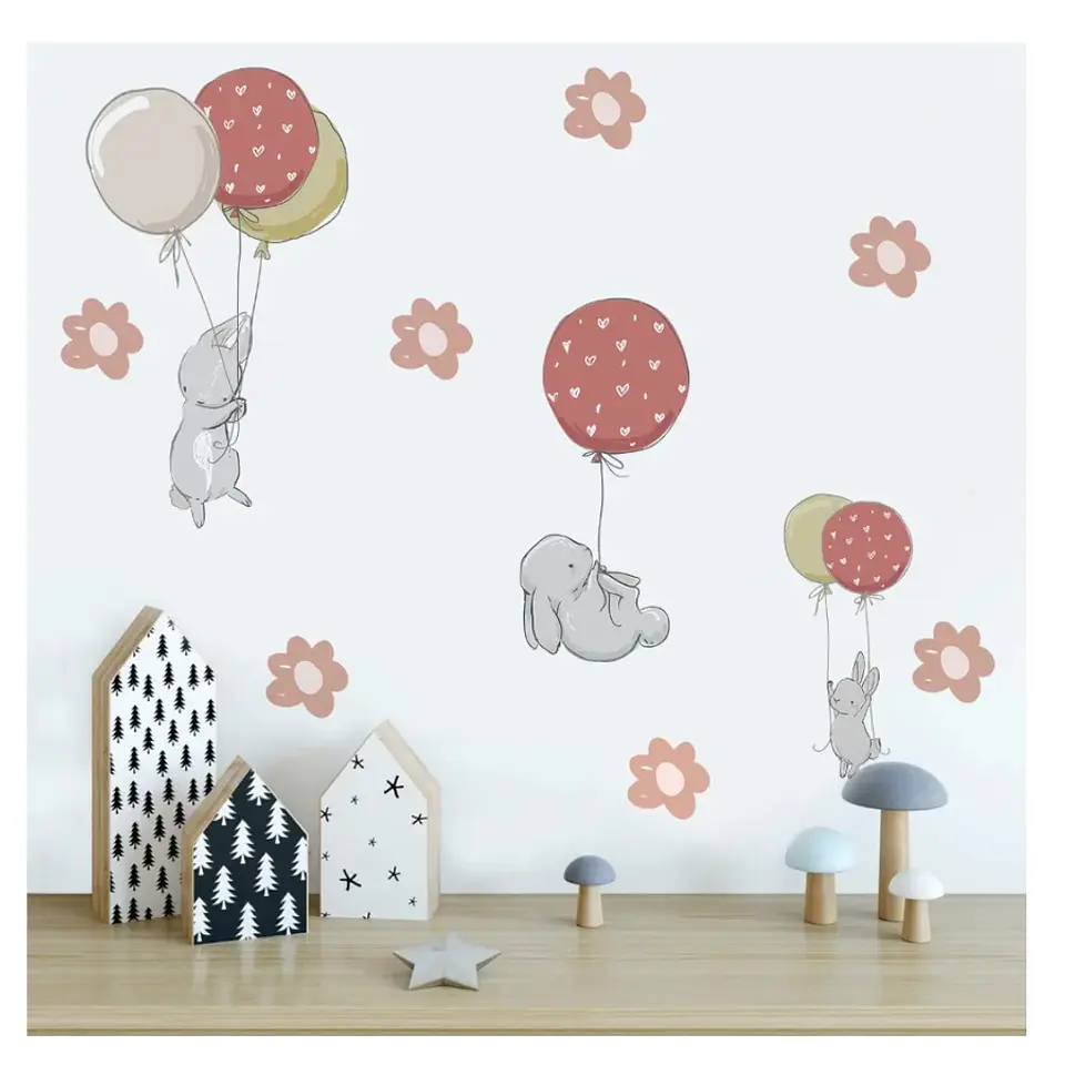 Stickers De Pared Temáticos De Elefantitos Globos y Flores 2