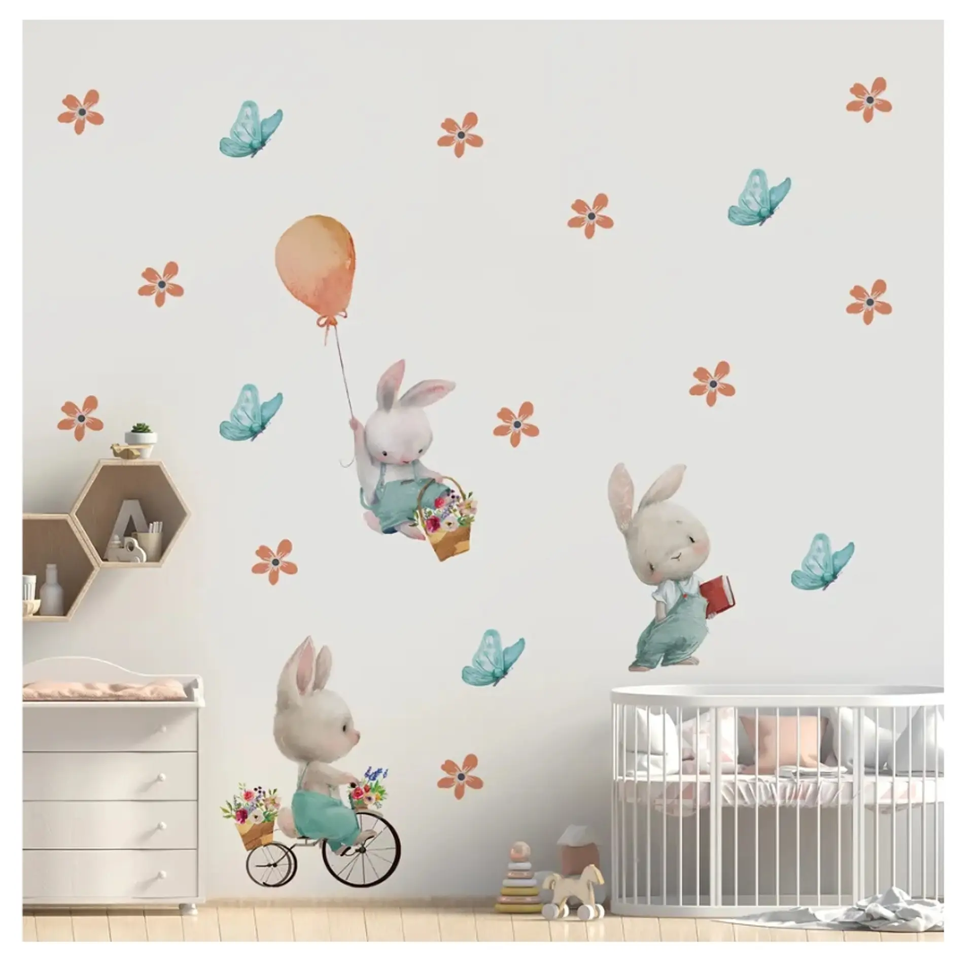 Stickers De Pared Temáticos De Conejitos Flores y Mariposas 2