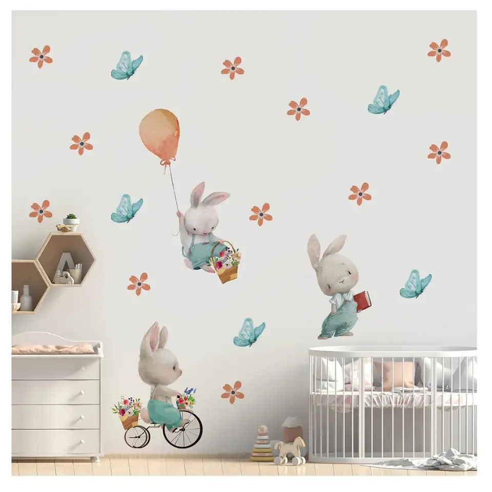 Stickers De Pared Temáticos De Conejitos Flores y Mariposas 2