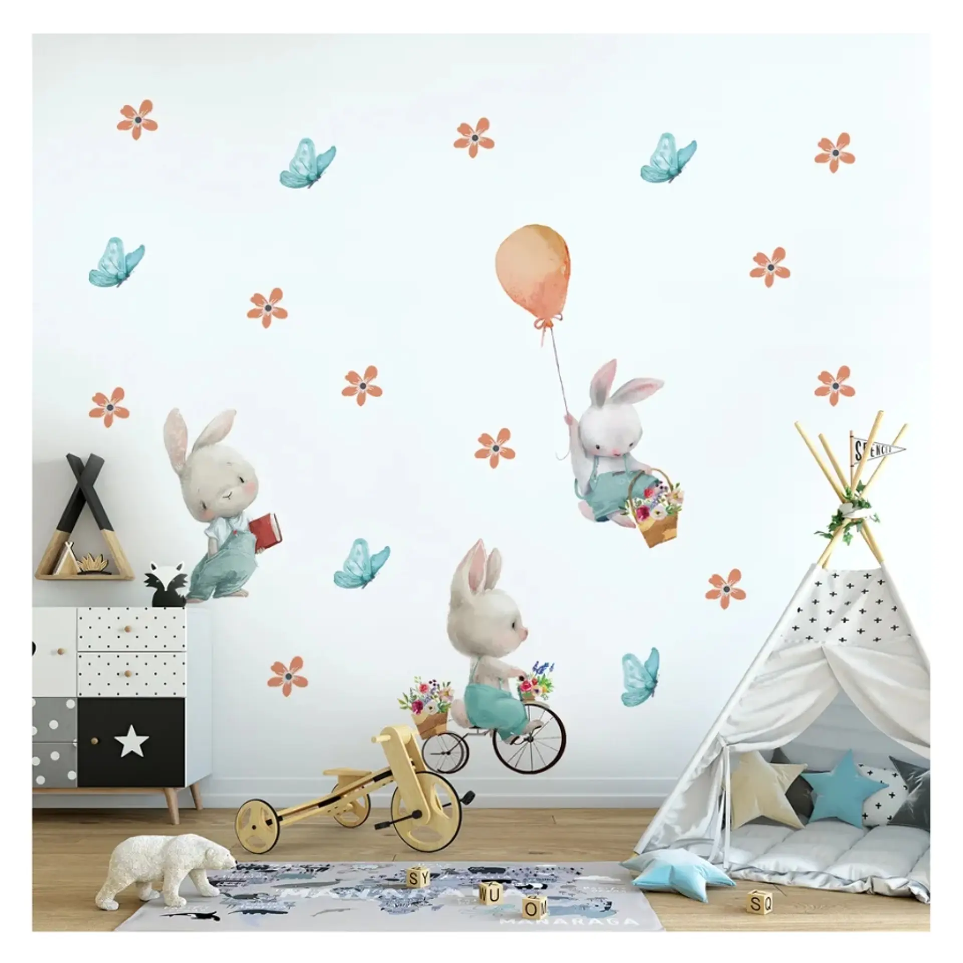 Stickers De Pared Temáticos De Conejitos Flores y Mariposas 4