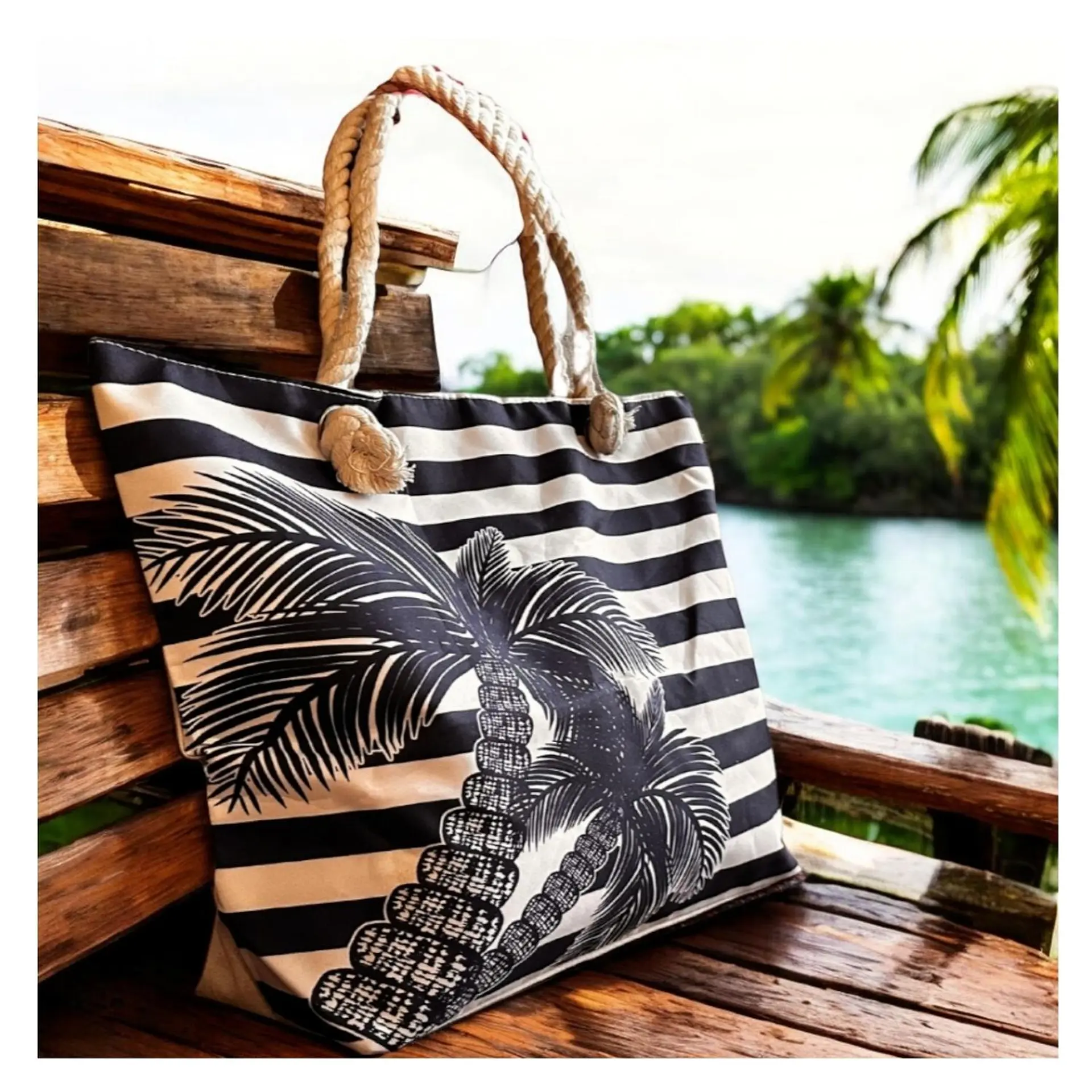 Bolso Playa Lona Algodon Con Cierre Caribe Azul 2