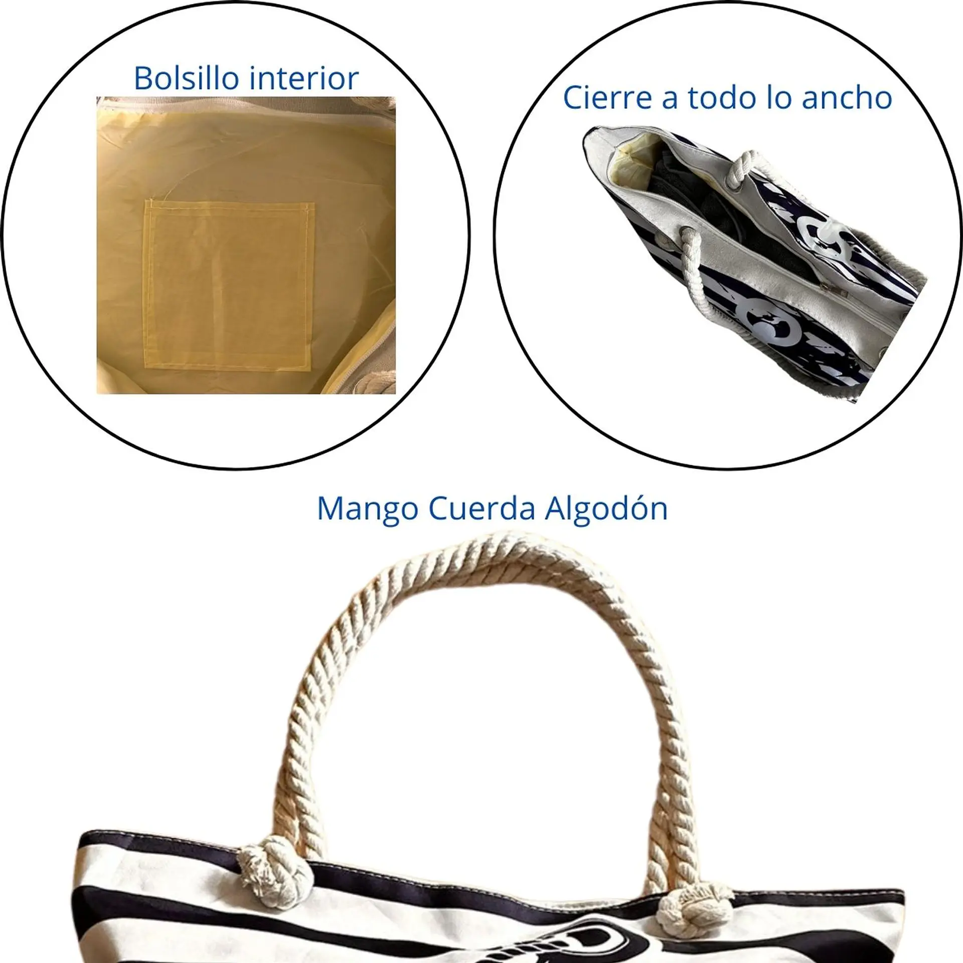 Bolso Playa Lona Algodon Con Cierre Caribe Azul 3
