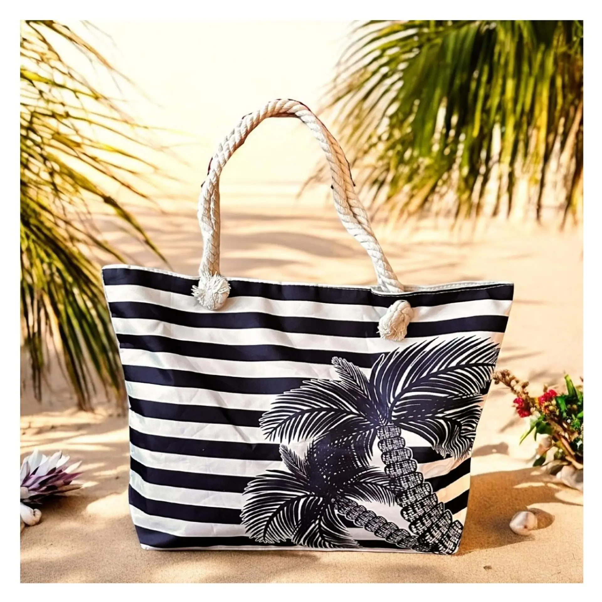 Bolso Playa Lona Algodon Con Cierre Caribe Azul 4