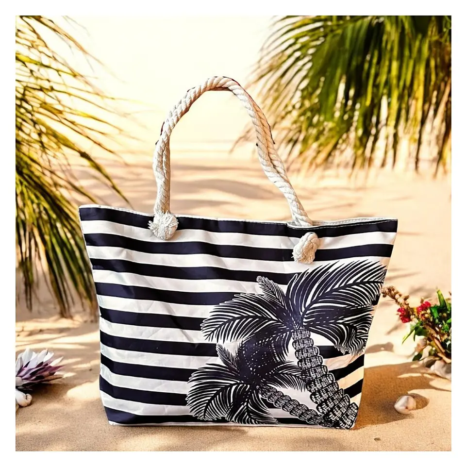 Bolso Playa Lona Algodon Con Cierre Caribe Azul 4