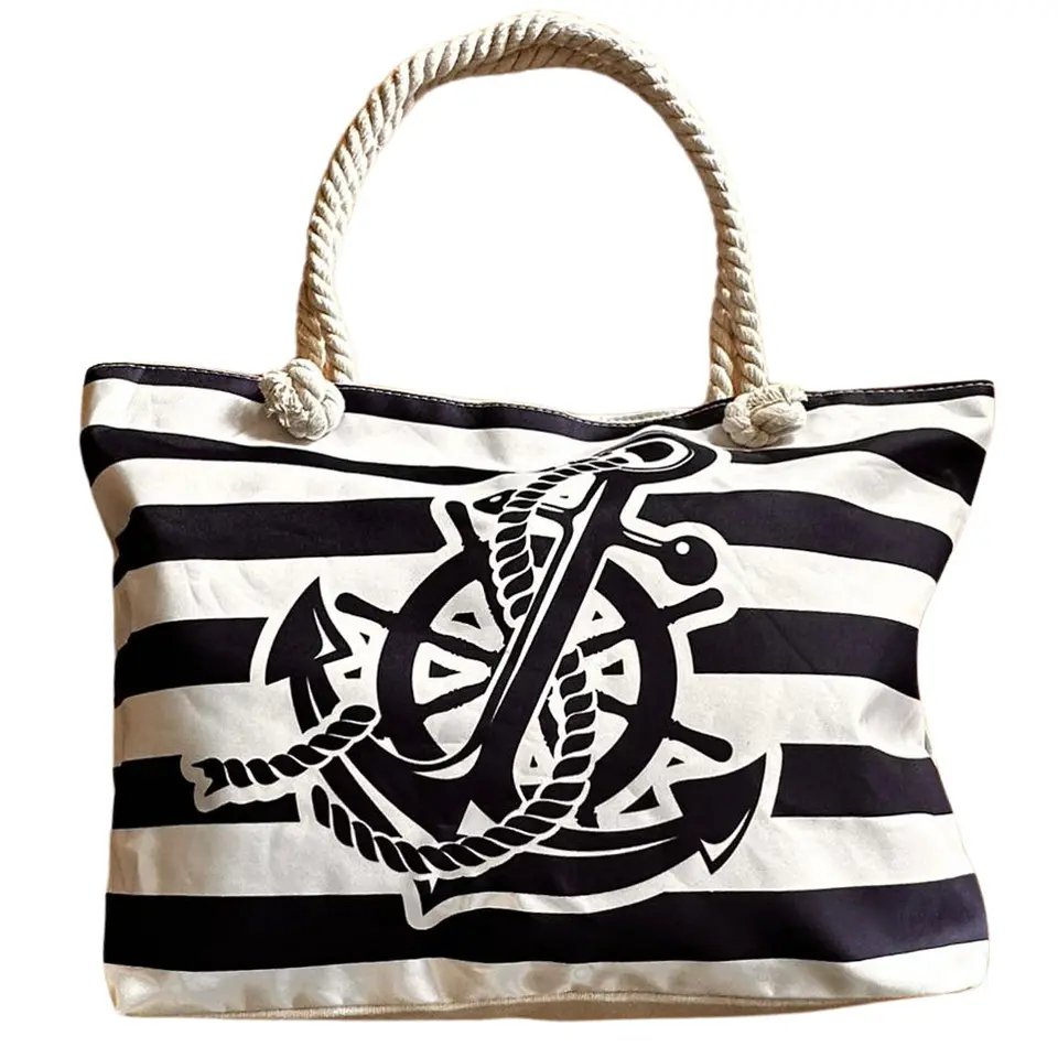 Bolso Playa Lona Algodon Con Cierre Timon Azul 1