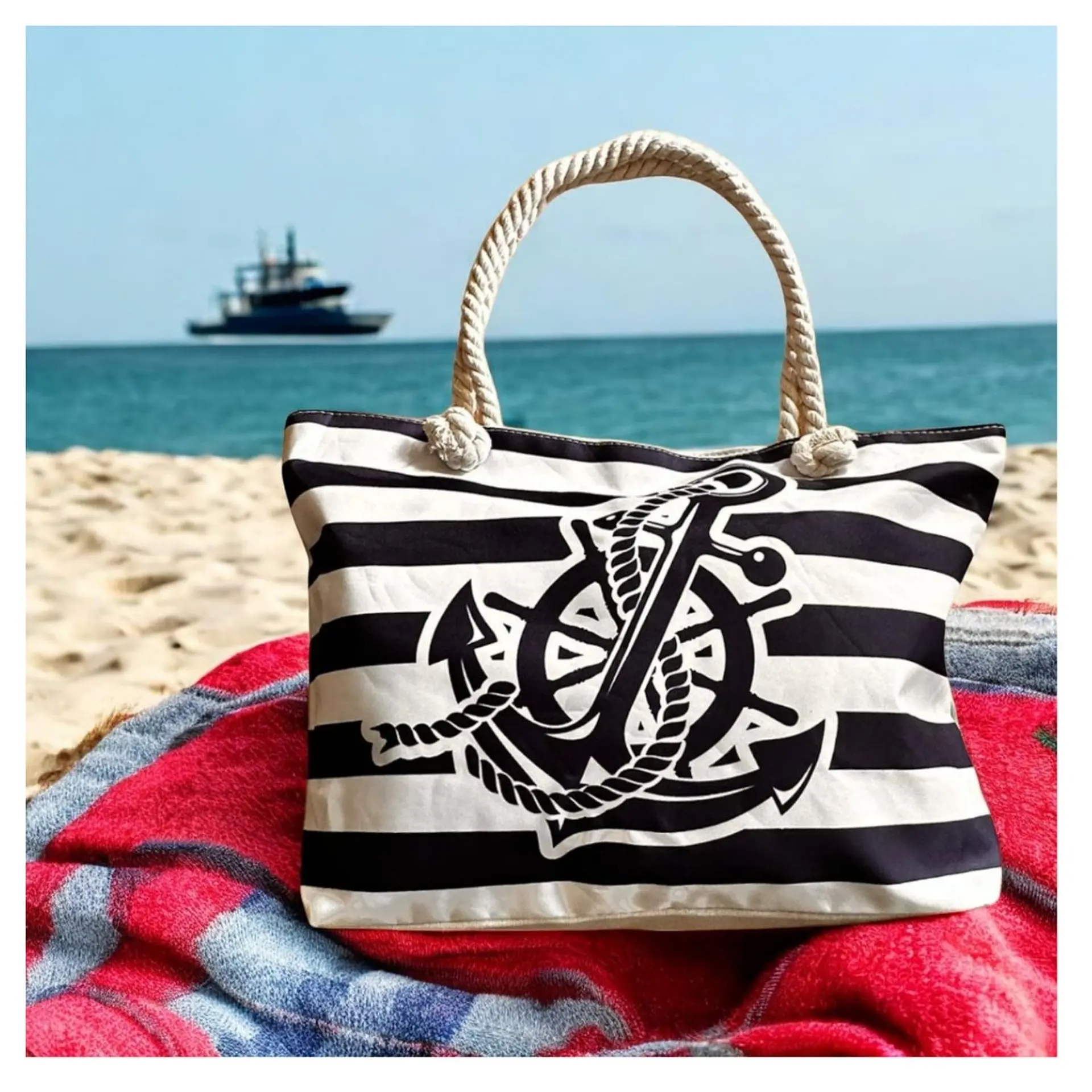 Bolso Playa Lona Algodon Con Cierre Timon Azul 4