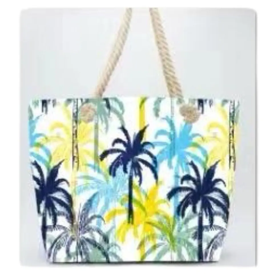 Bolso Playa Lona Algodón Palmeras Colores Cierre y Estuche 1