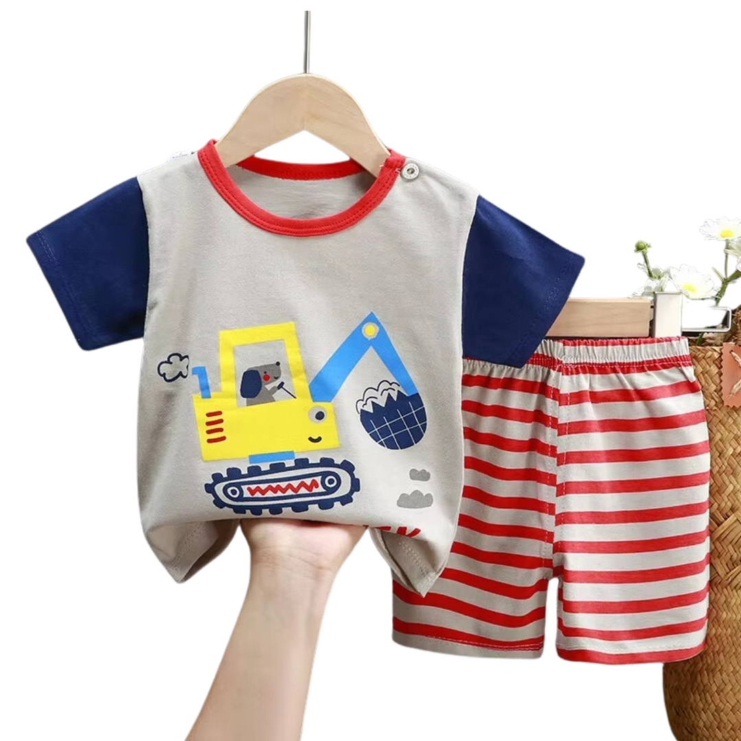 Pijama Niño Algodon Manga Corta Short Bulldozer Azul 2