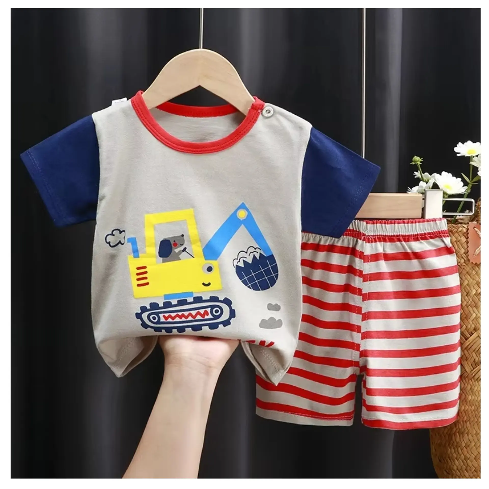 Pijama Niño Algodon Manga Corta Short Bulldozer Azul 1