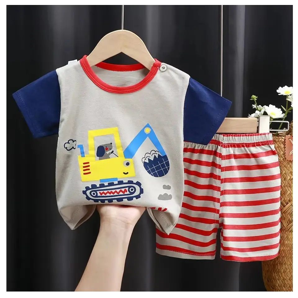 Pijama Niño Algodon Manga Corta Short Bulldozer Azul 1