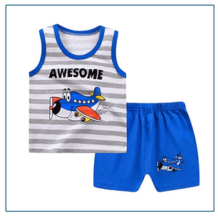 Polera Short Niño Conjunto Algodon Verano Avion Rayas