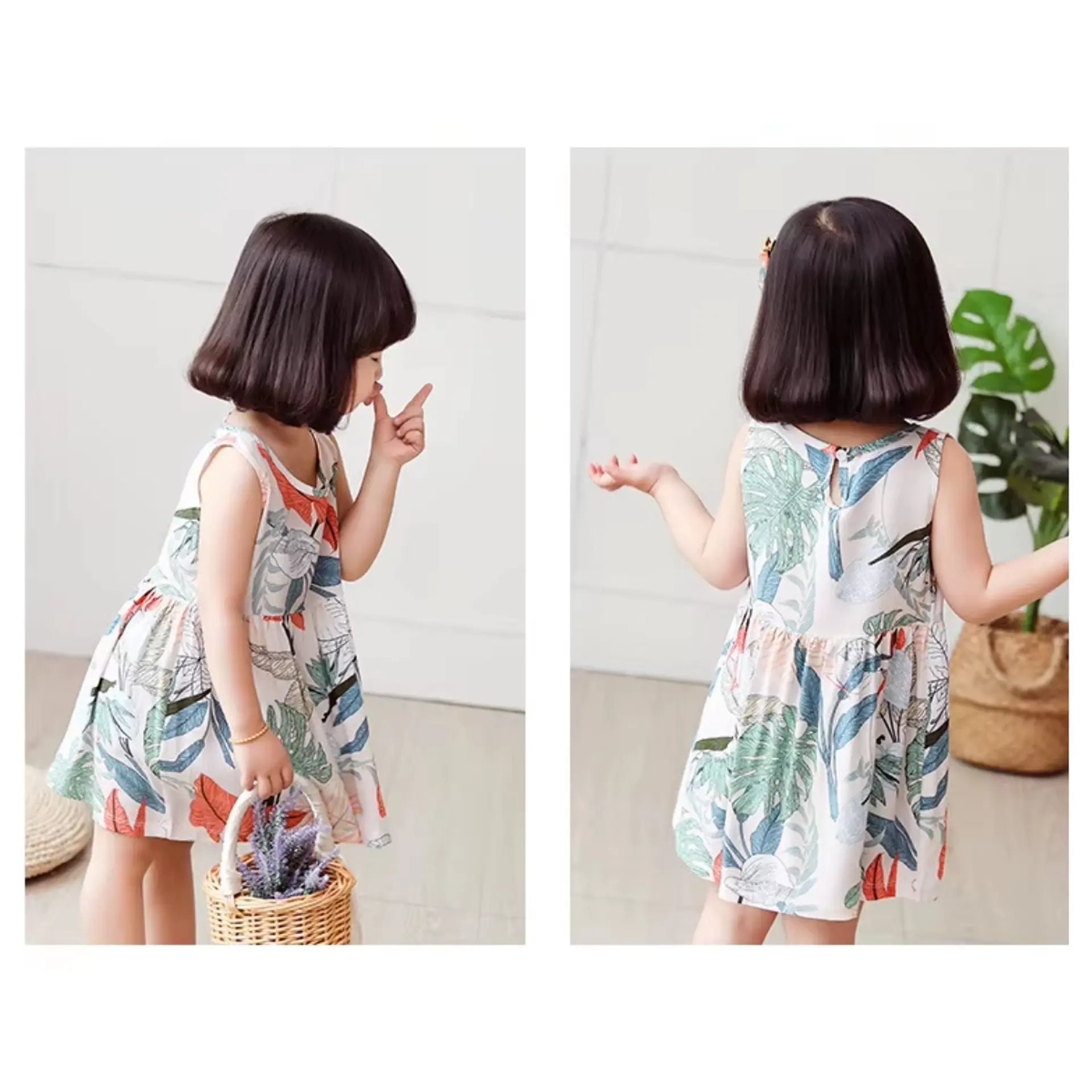 Vestido Niña Sin Mangas Algodon Verano Estampado Hojitas 3