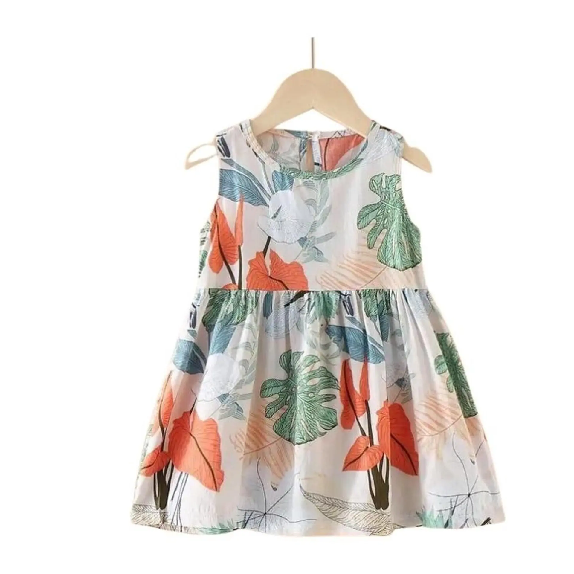 Vestido Niña Sin Mangas Algodon Verano Estampado Hojitas 2