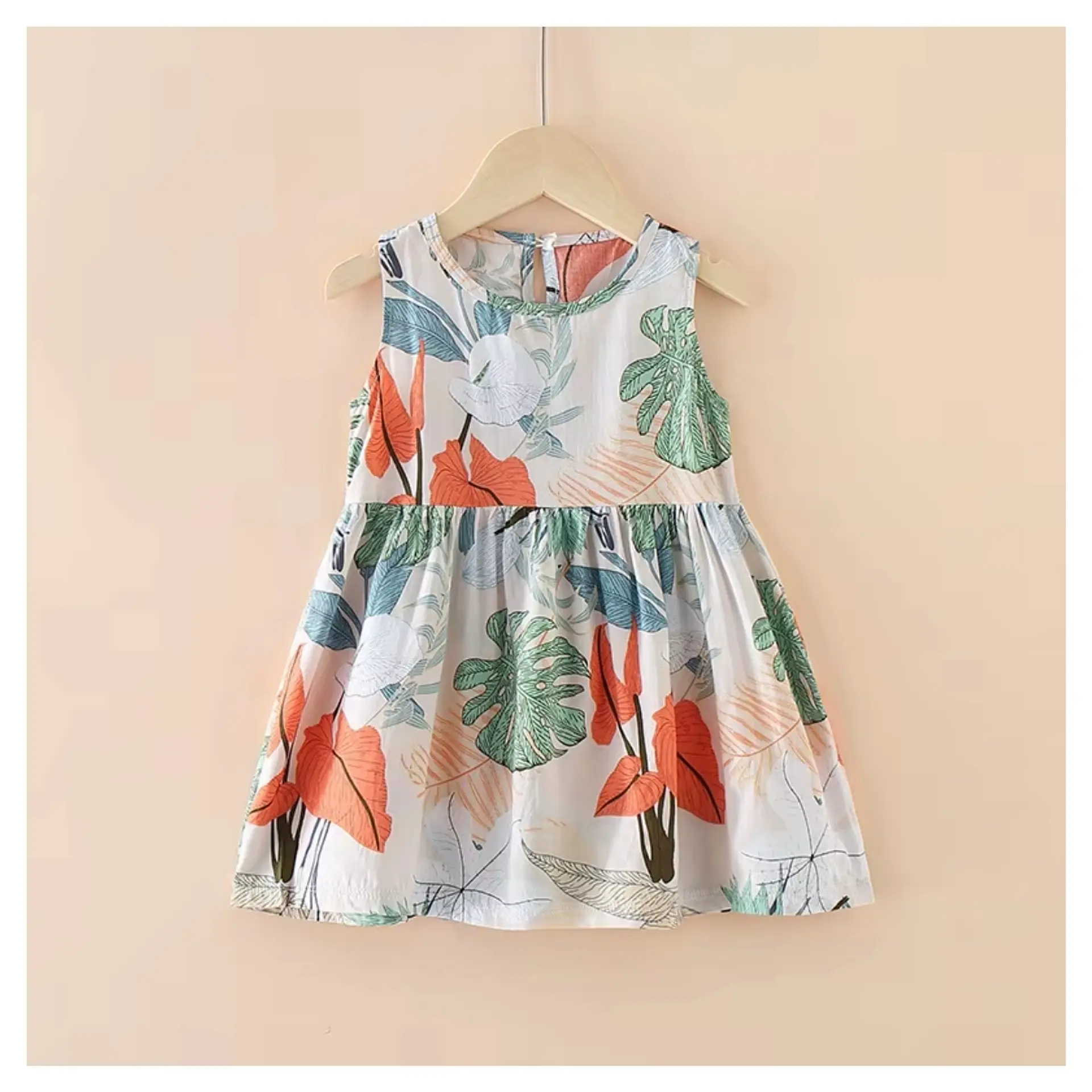 Vestido Niña Sin Mangas Algodon Verano Estampado Hojitas 1