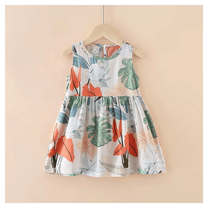Vestido Niña Sin Mangas Algodon Verano Estampado Hojitas 1