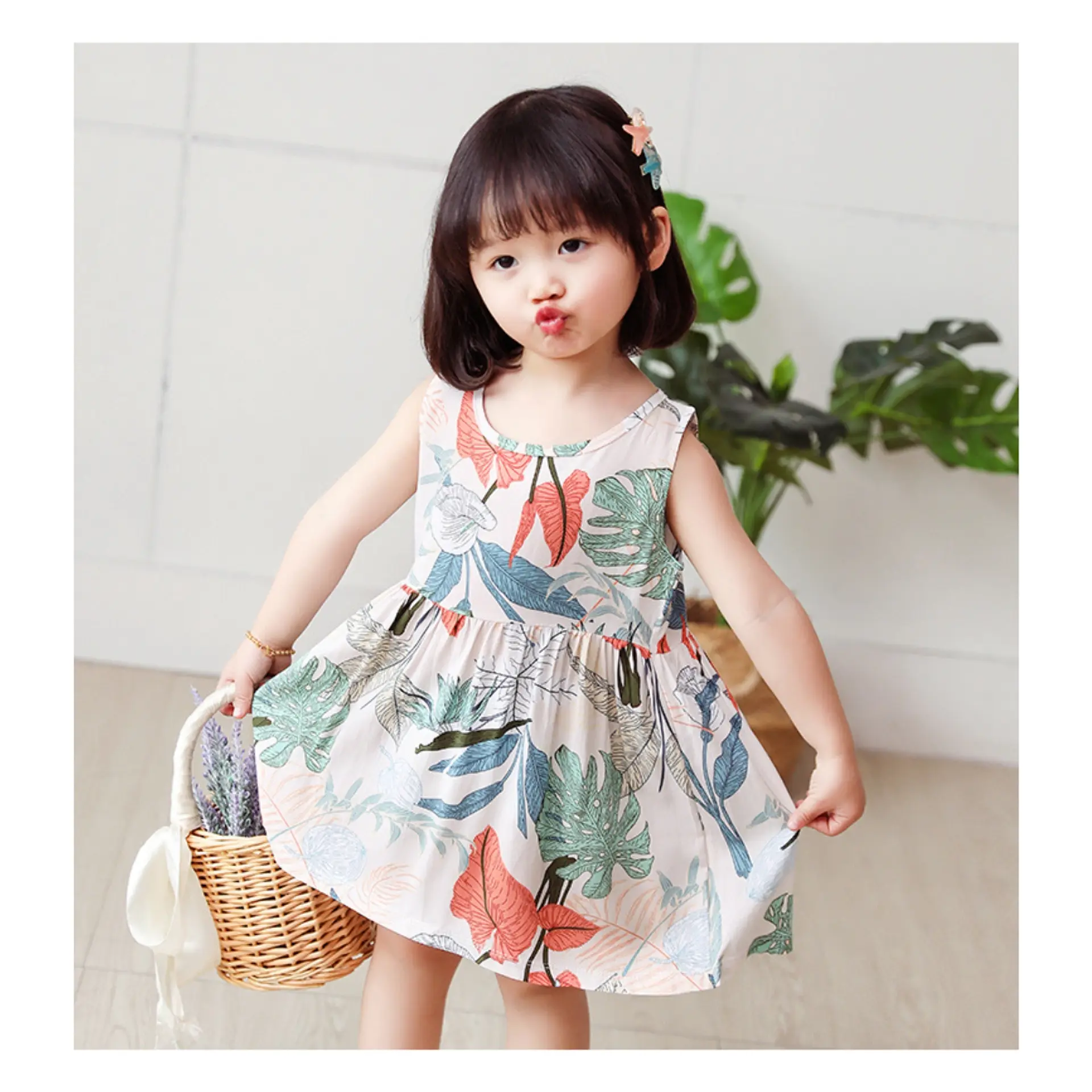 Vestido Niña Sin Mangas Algodon Verano Estampado Hojitas 6