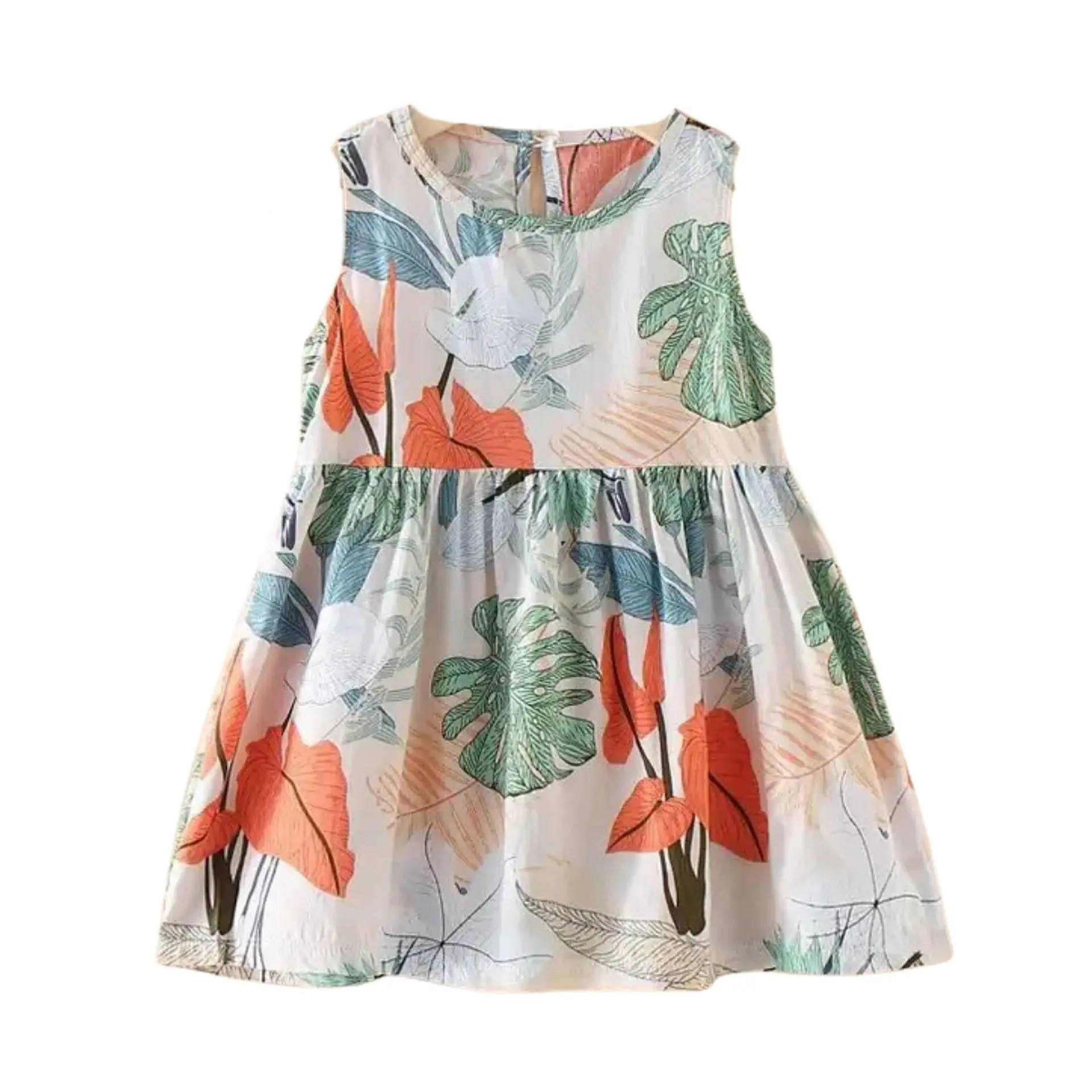 Vestido Niña Sin Mangas Algodon Verano Estampado Hojitas 7