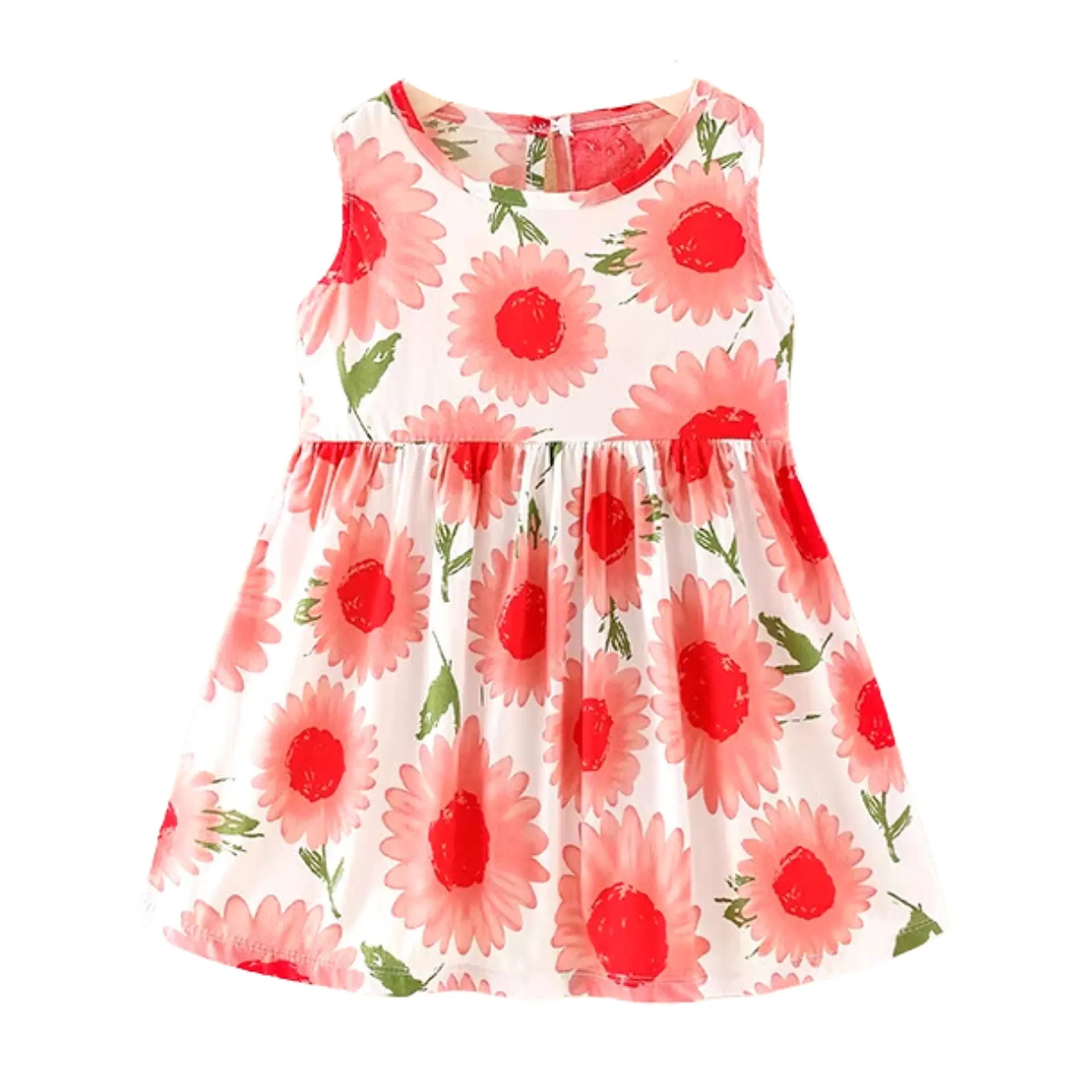Vestido Niña Sin Mangas Algodon Verano Estampado Flor Roja 3